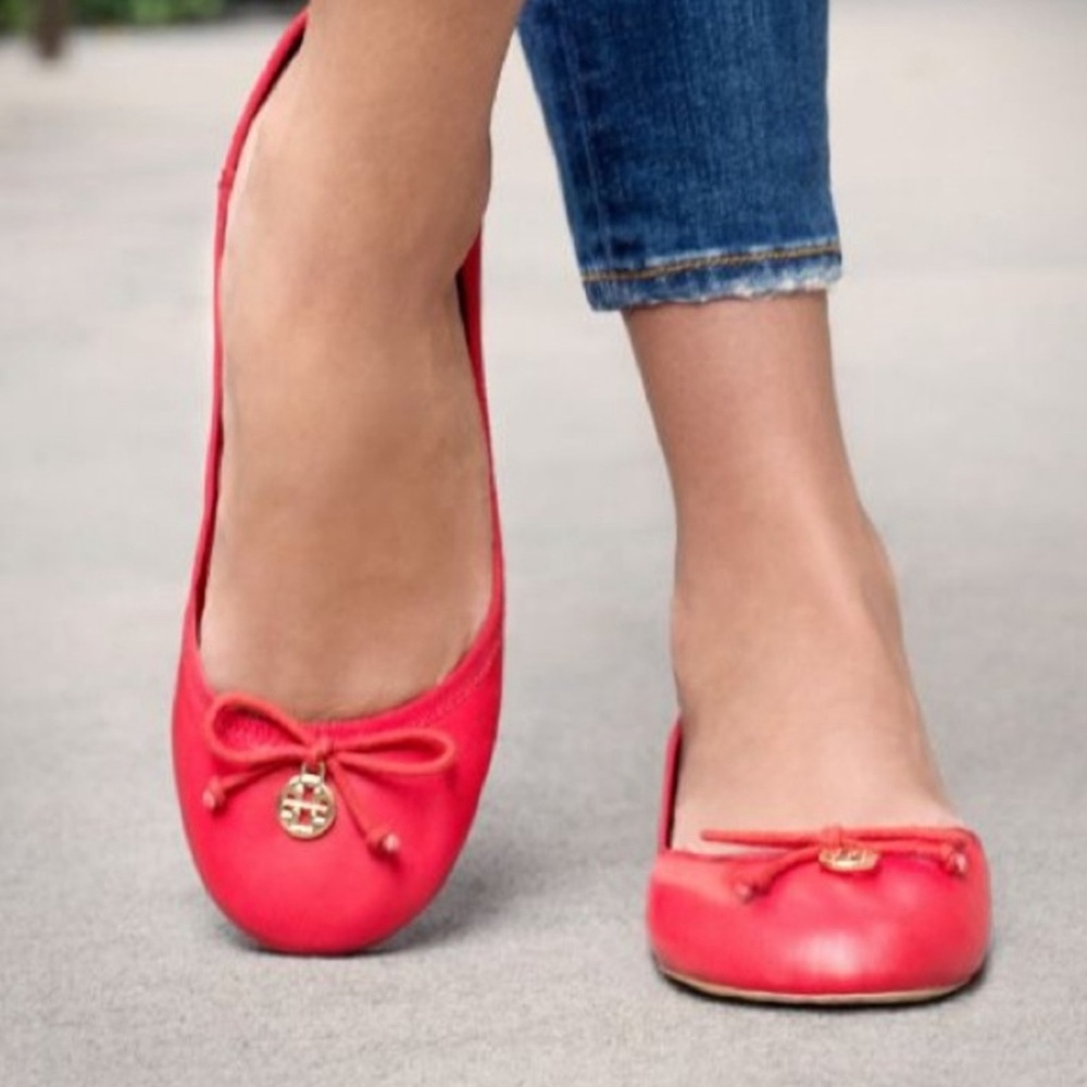 Tory Burch Red Leather Bow Ballet Flats